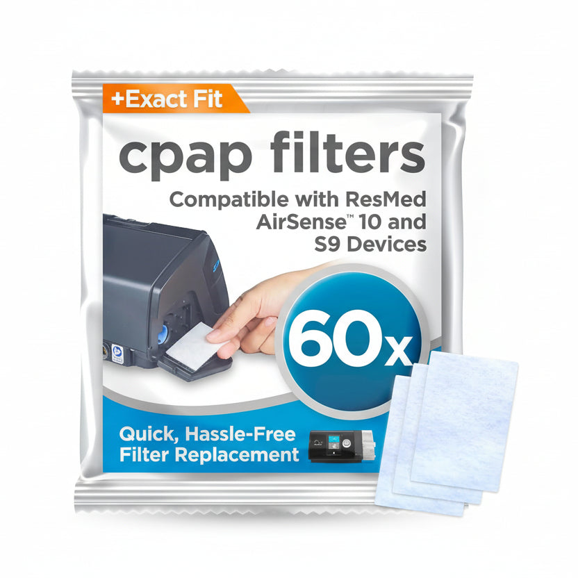 RespLabs Medical Inc CPAP Filters 60 Pack retail packaging front view showcasing compatibility with ResMed AirSense 10 machines.