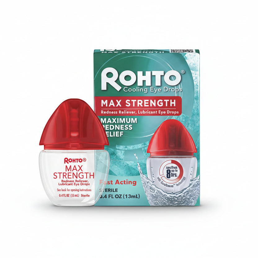 Rohto Maximum Redness Relief Eye Drops packaging box and bottle front view for instant eye whitening.