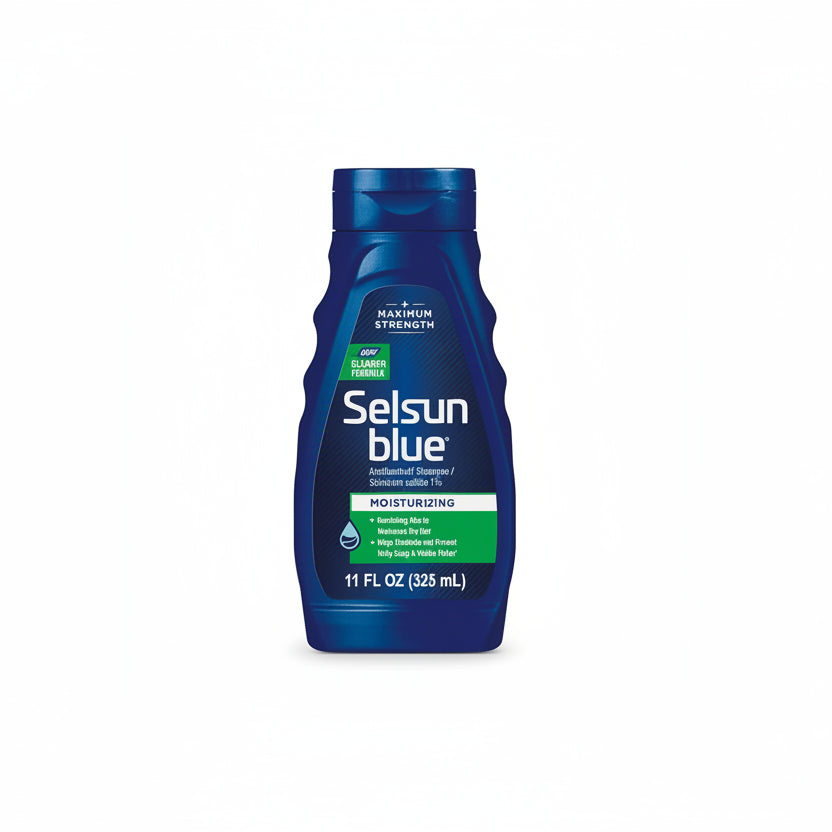 Selsun Blue Medicated Moisturizing Anti Dandruff Shampoo front view bottle showing one percent selenium sulfide formula