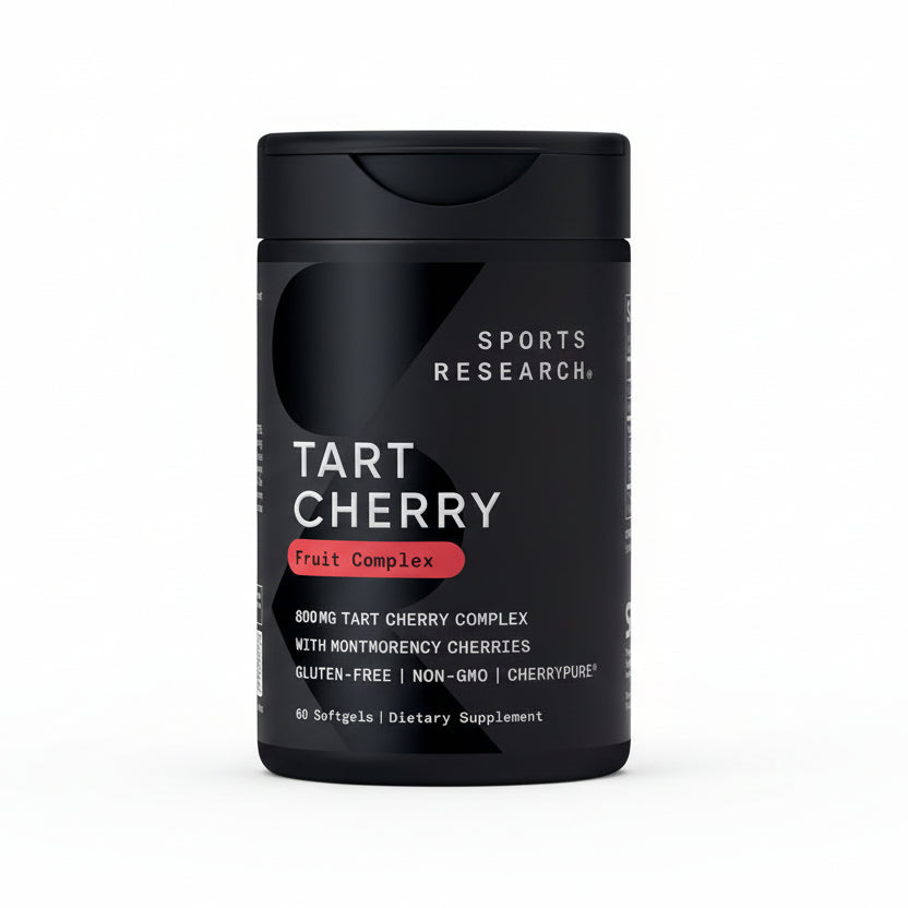 Sports Research Tart Cherry Fruit Complex 60 liquid softgels front bottle view showing 800mg dosage label.