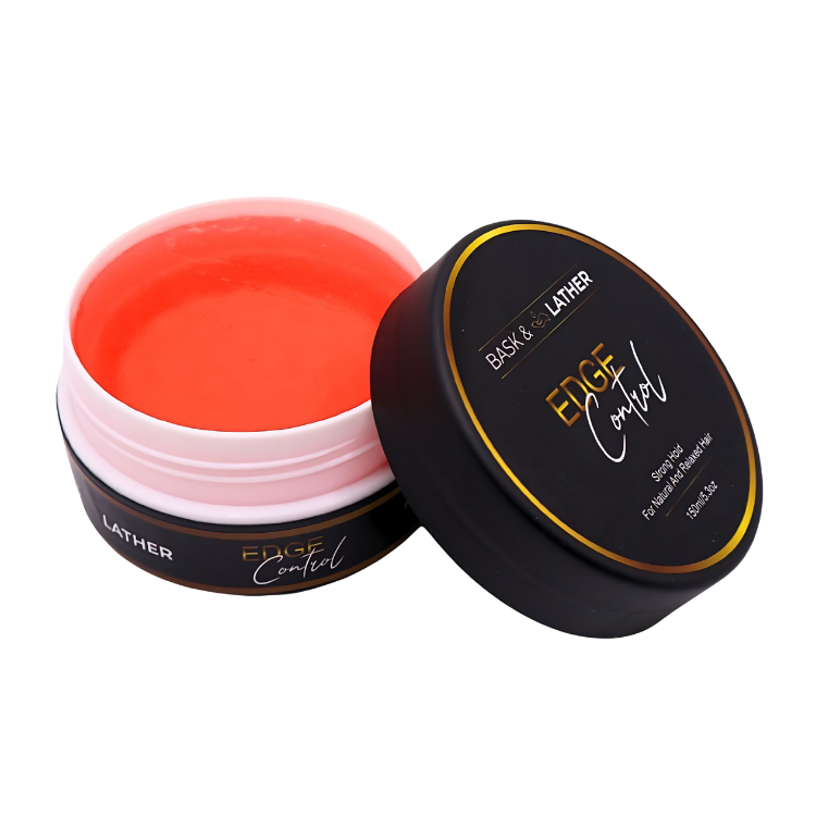 Bask and Lather Strong Hold Edge Control Gel 5.3 Fluid Ounce jar front view showcasing authentic USA imported packaging