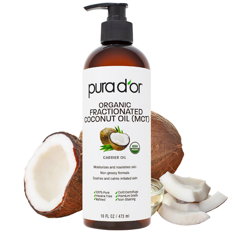 PURA D'OR Organic Fractionated Coconut Oil 16 Ounce front view of pump bottle showing USDA organic seal.