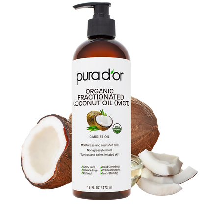 PURA D'OR Organic Fractionated Coconut Oil 16 Ounce front view of pump bottle showing USDA organic seal.