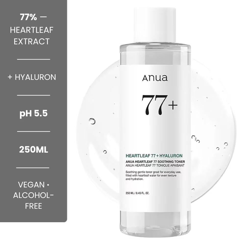 Anua Heartleaf 77% Soothing Toner 250ml - Korean glass skin toner with 77% heartleaf extract, pH 5.5, vegan