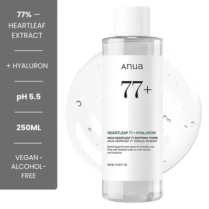 Anua Heartleaf 77% Soothing Toner 250ml - Korean glass skin toner with 77% heartleaf extract, pH 5.5, vegan
