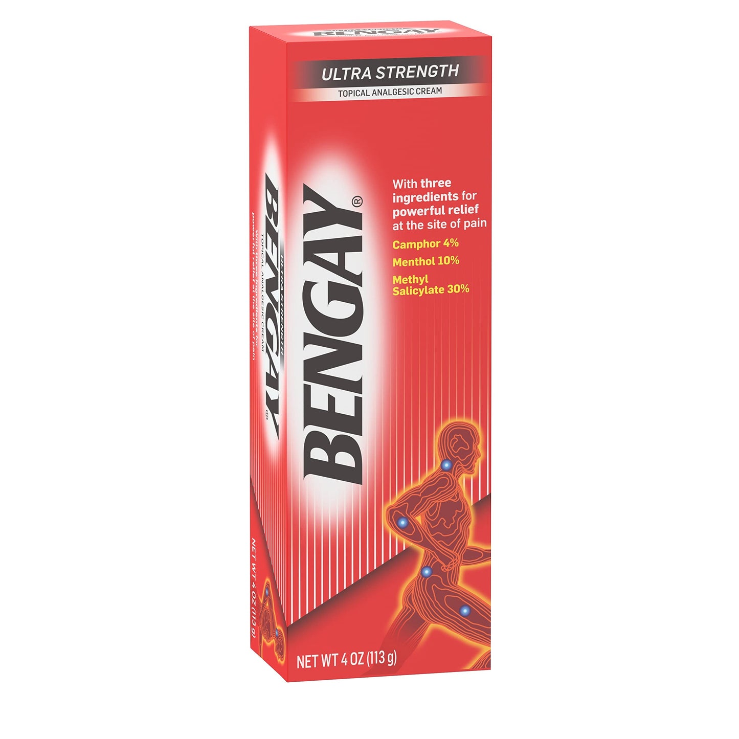 Bengay Ultra Strength cream 4 oz box front right angle with ingredients