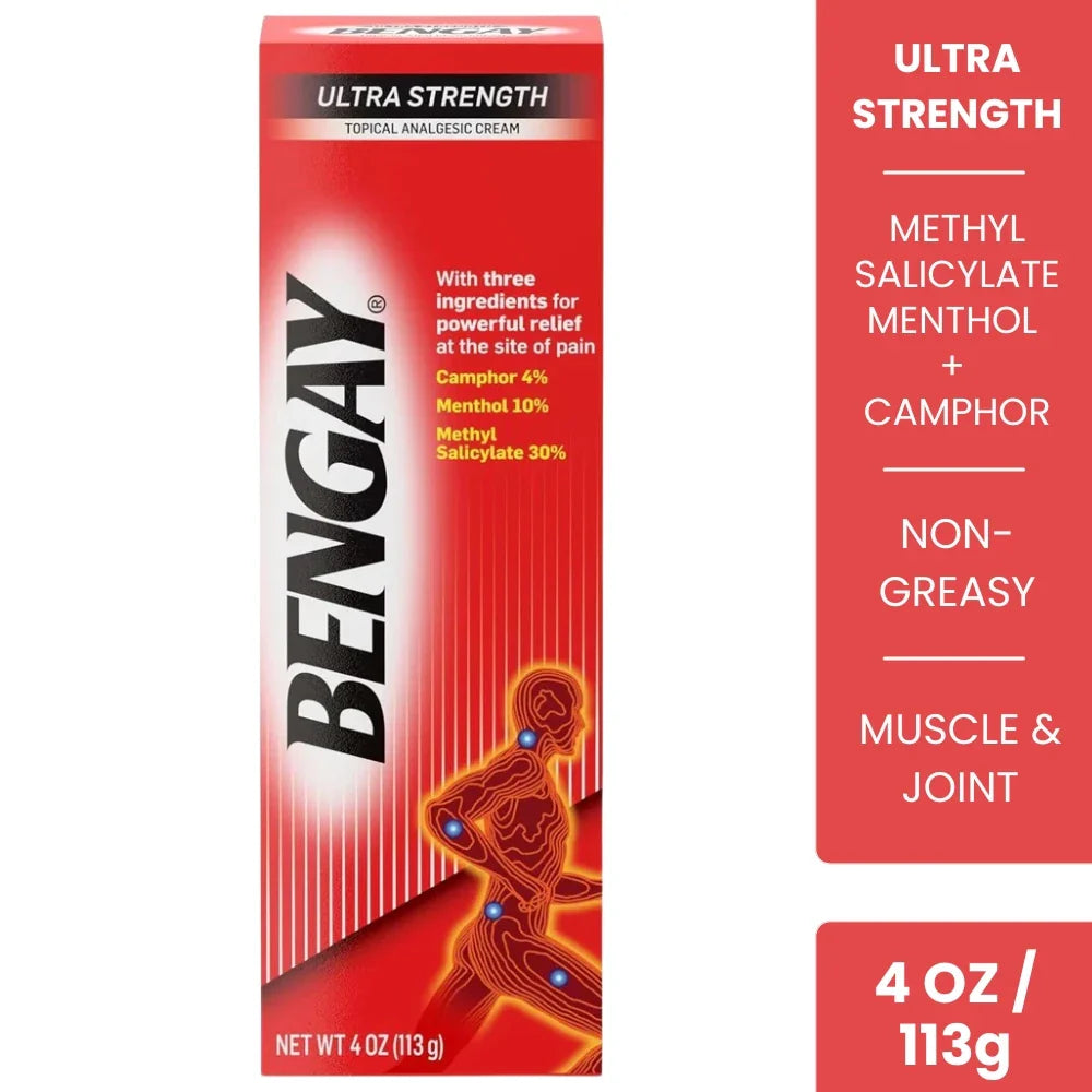 Bengay Ultra Strength Pain Relief Cream 4 oz with methyl salicylate, menthol and camphor for muscle and joint pain