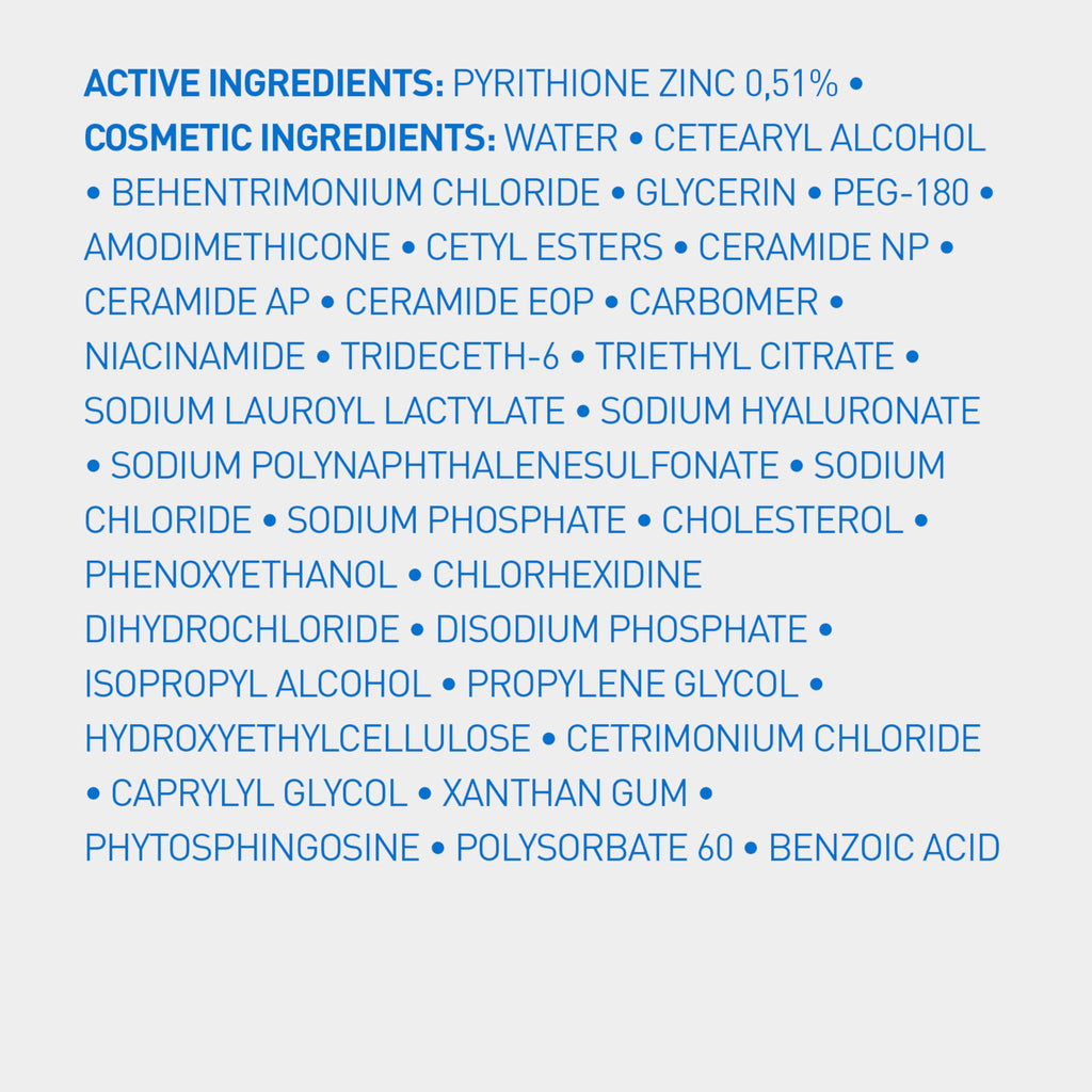 Full ingredients of CeraVe Anti-Dandruff Conditioner - active pyrithione zinc 0.5% with ceramides NP AP EOP, niacinamide and sodium hyaluronate
