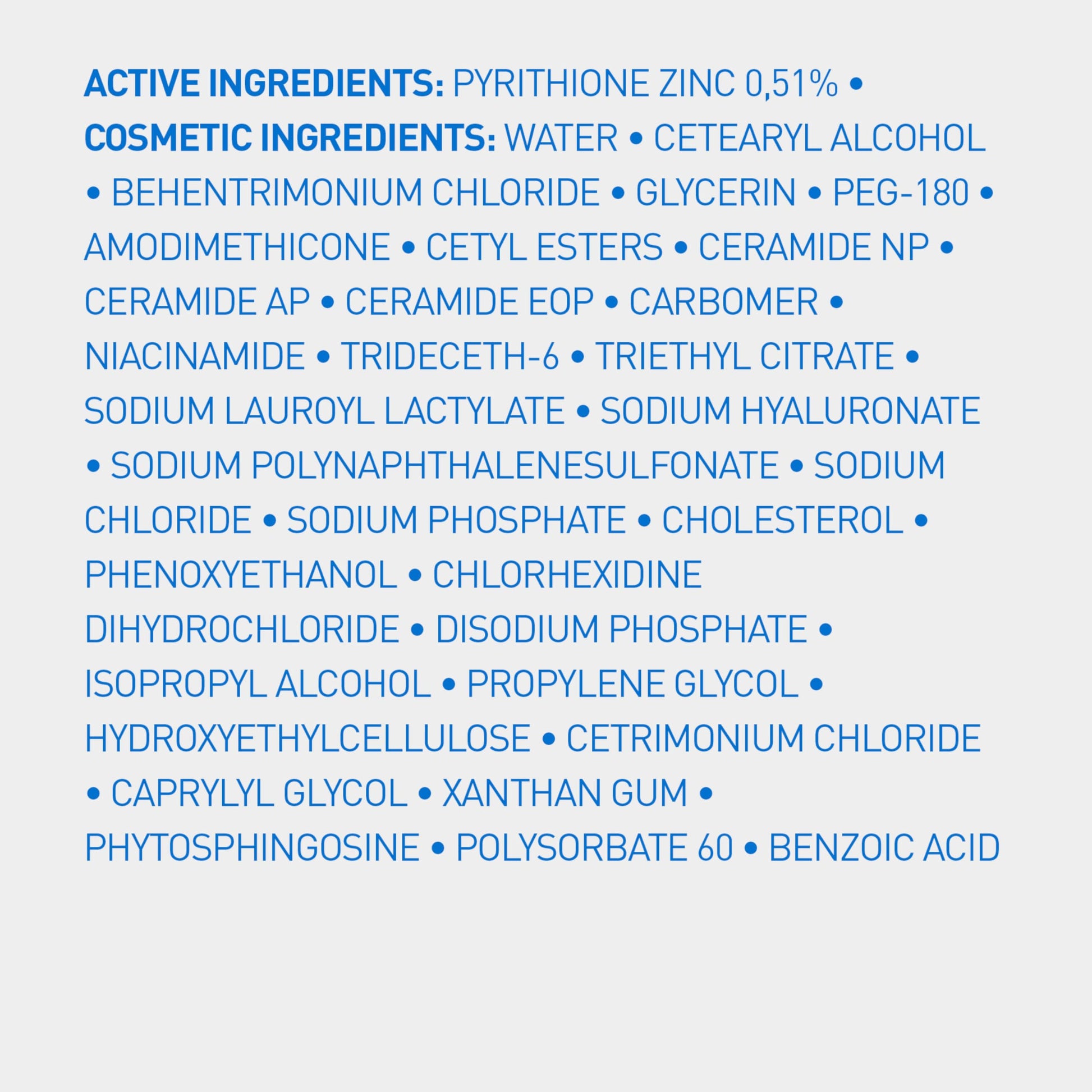 Full ingredients of CeraVe Anti-Dandruff Conditioner - active pyrithione zinc 0.5% with ceramides NP AP EOP, niacinamide and sodium hyaluronate