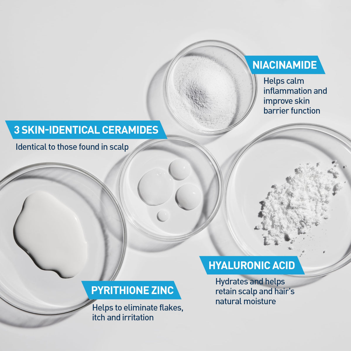 Key ingredients in CeraVe Anti-Dandruff Conditioner - pyrithione zinc, 3 skin-identical ceramides, niacinamide and hyaluronic acid