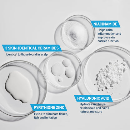 Key ingredients in CeraVe Anti-Dandruff Conditioner - pyrithione zinc, 3 skin-identical ceramides, niacinamide and hyaluronic acid