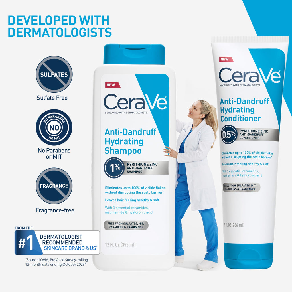 Developed with dermatologists - CeraVe Anti-Dandruff Shampoo and Conditioner system, sulfate-free, paraben-free, fragrance-free