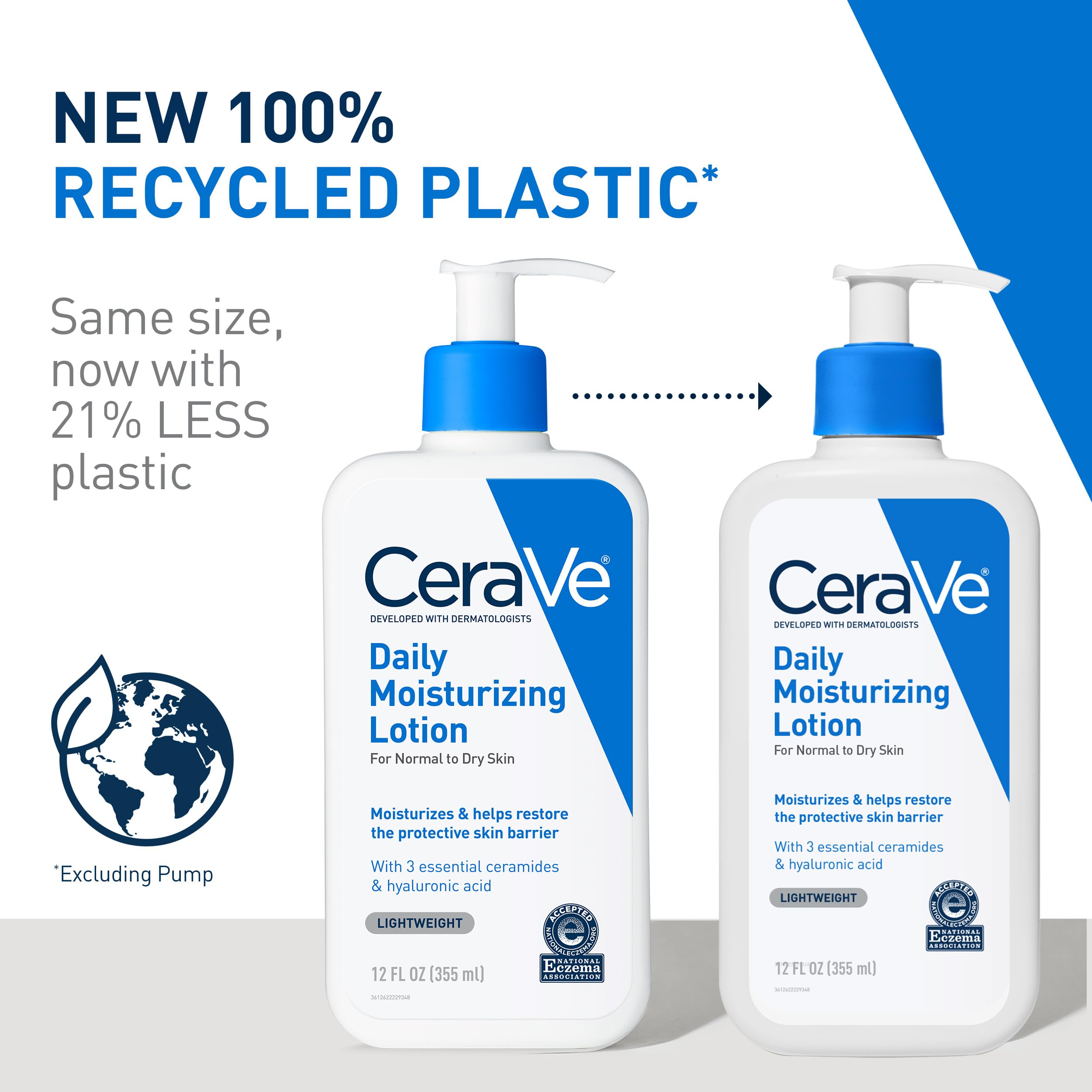 CeraVe Daily Moisturizing Lotion new 100 percent recycled plastic bottle - same size 21 percent less plastic
