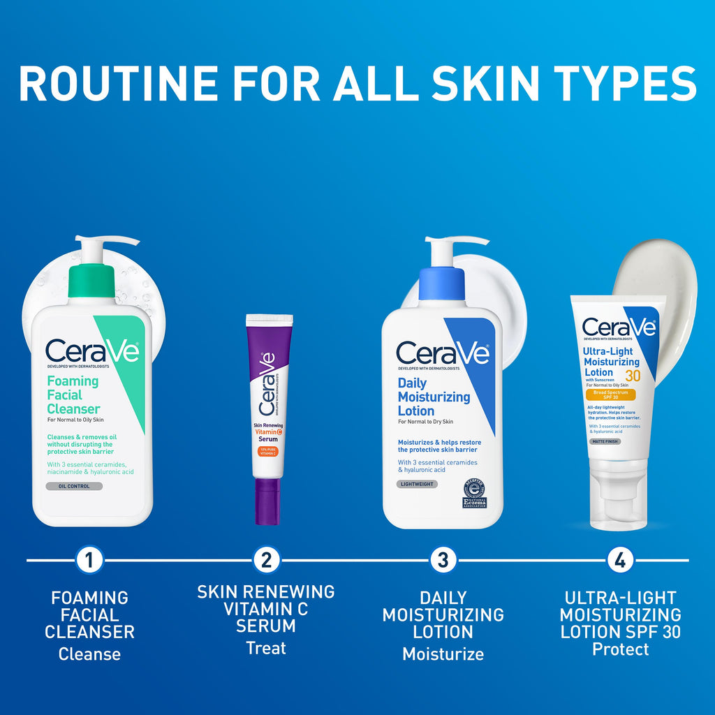 CeraVe routine for all skin types - foaming cleanser, vitamin C serum, daily moisturizing lotion, ultra-light SPF 30