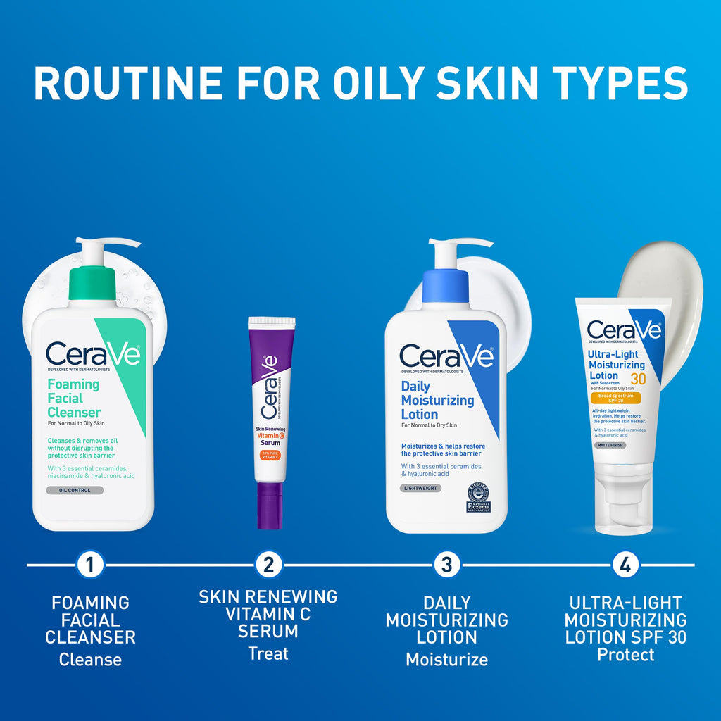 CeraVe routine for oily skin types - foaming facial cleanser, vitamin C serum, daily lotion and ultra-light SPF 30 moisturizer