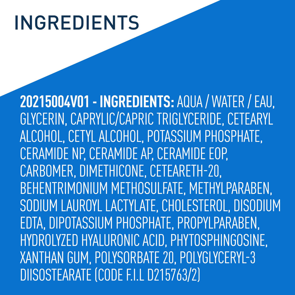 CeraVe Daily Moisturizing Lotion full ingredients list - glycerin, 3 ceramides, hyaluronic acid, MVE formula label