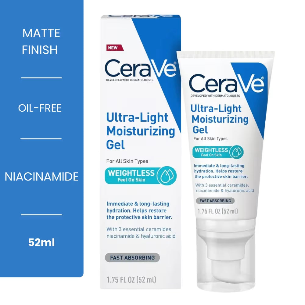 CeraVe Ultra-Light Moisturizing Gel 52ml - oil-free matte finish face gel with niacinamide for oily and combination skin