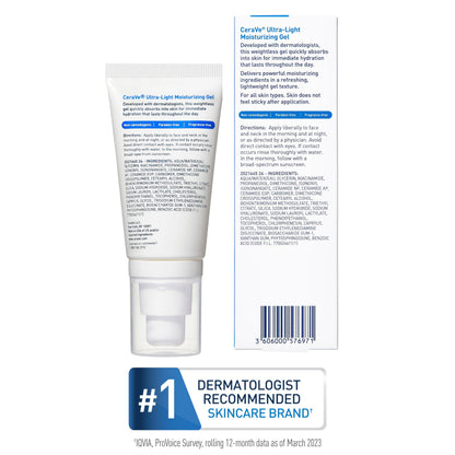 Back of CeraVe Ultra-Light Moisturizing Gel 52ml tube with usage directions - original US retail pack