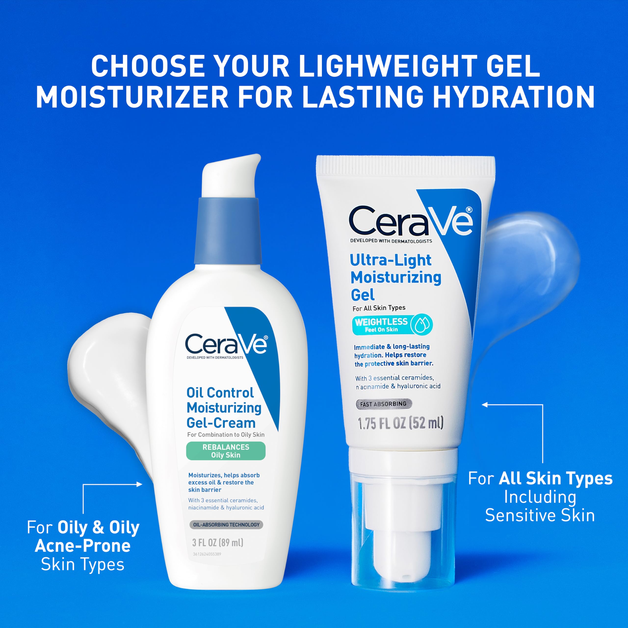 Choose your lightweight gel moisturizer - CeraVe Oil Control Gel-Cream for oily acne-prone skin vs Ultra-Light Gel for all skin types including sensitive