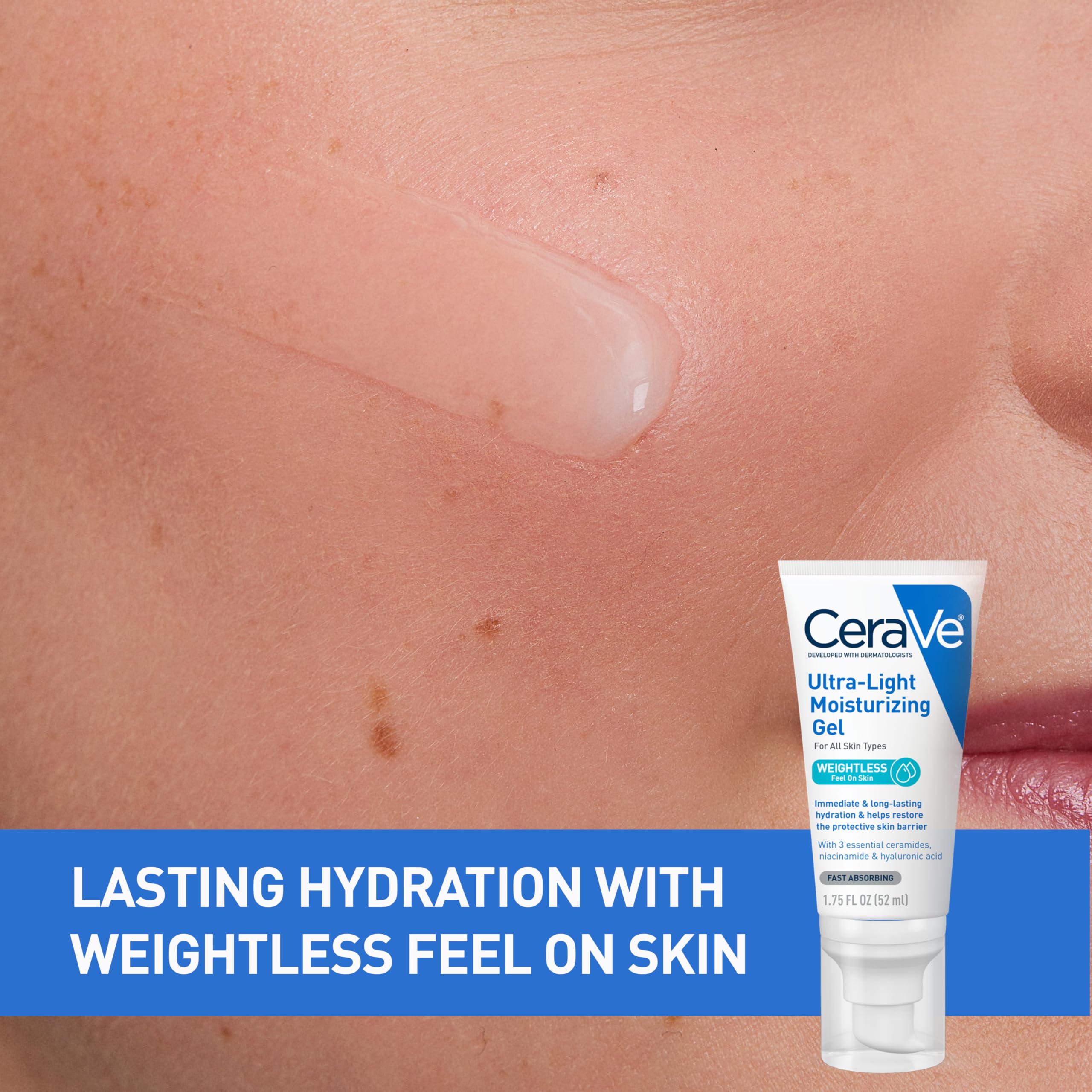 Lasting hydration with weightless feel on skin - CeraVe Ultra-Light Moisturizing Gel dab applied on cheek