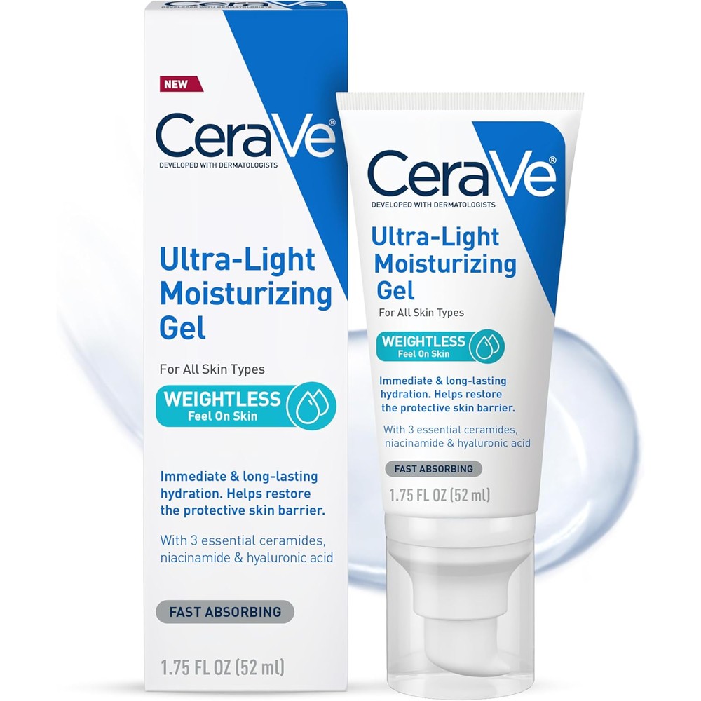 CeraVe Ultra-Light Moisturizing Gel 52ml tube and carton - weightless oil-free hydrating gel moisturizer for all skin types