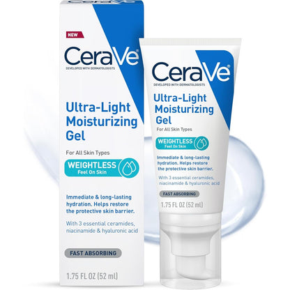 CeraVe Ultra-Light Moisturizing Gel 52ml tube and carton - weightless oil-free hydrating gel moisturizer for all skin types