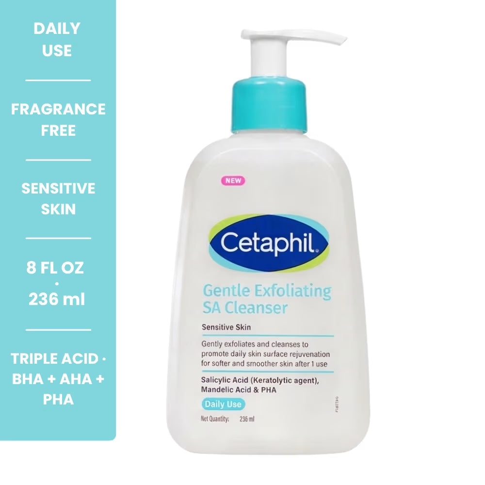 Cetaphil Gentle Exfoliating SA Cleanser 236ml - gentle salicylic acid face wash for daily use, fragrance-free, triple acid BHA AHA PHA
