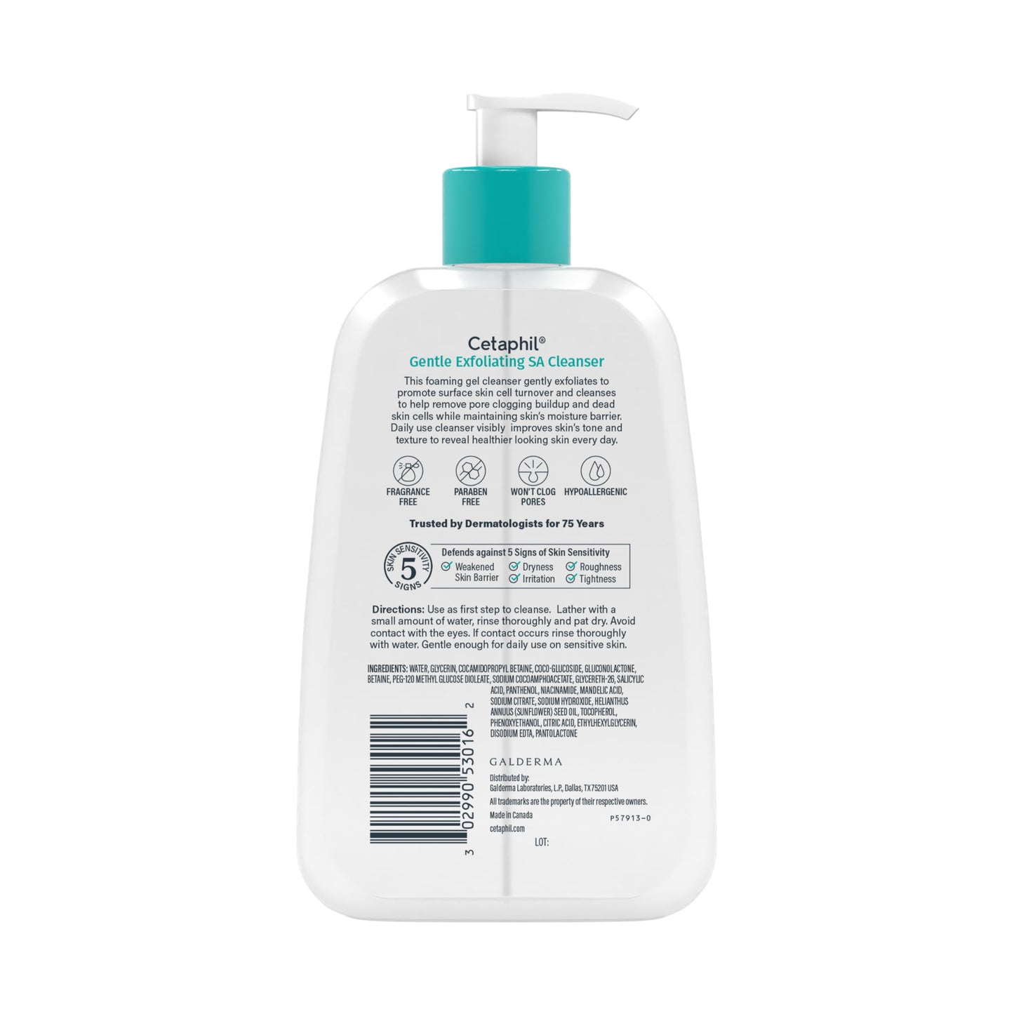 Cetaphil Gentle Exfoliating SA Cleanser back label with ingredients and directions