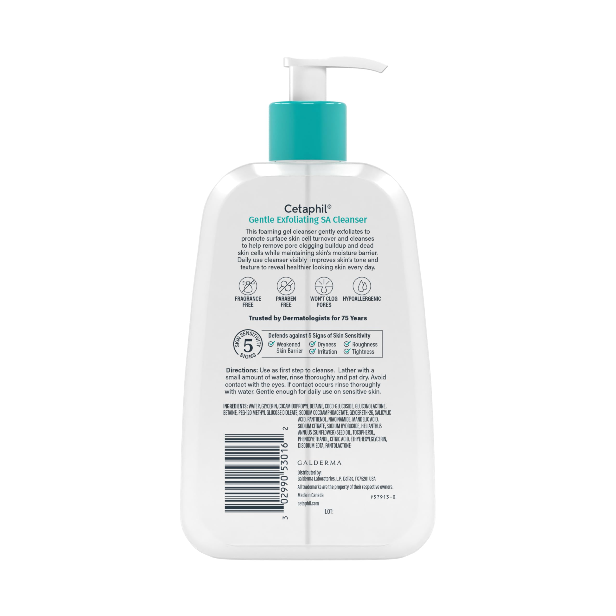Cetaphil Gentle Exfoliating SA Cleanser back label with ingredients and directions