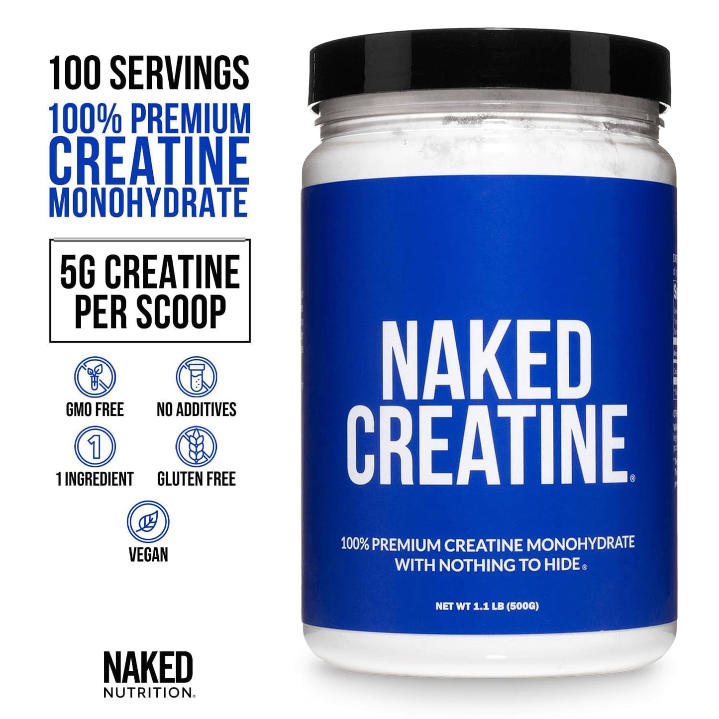 Naked creatine monohydrate powder supplement facts label