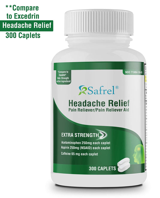 Safrel pain relief caplets supplement facts and active ingredients label.