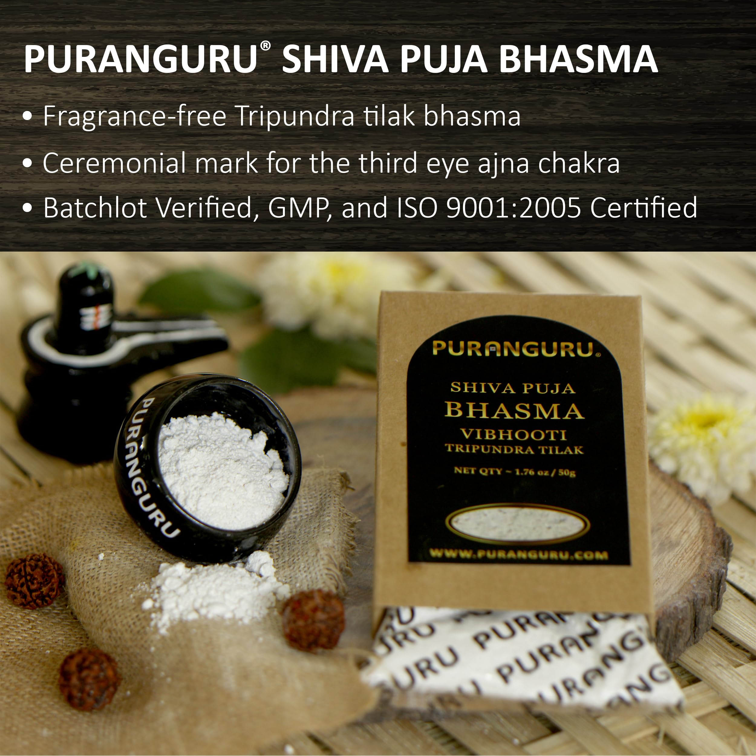 Close-up of holy ash powder used for applying the Tripundra tilak on the forehead.