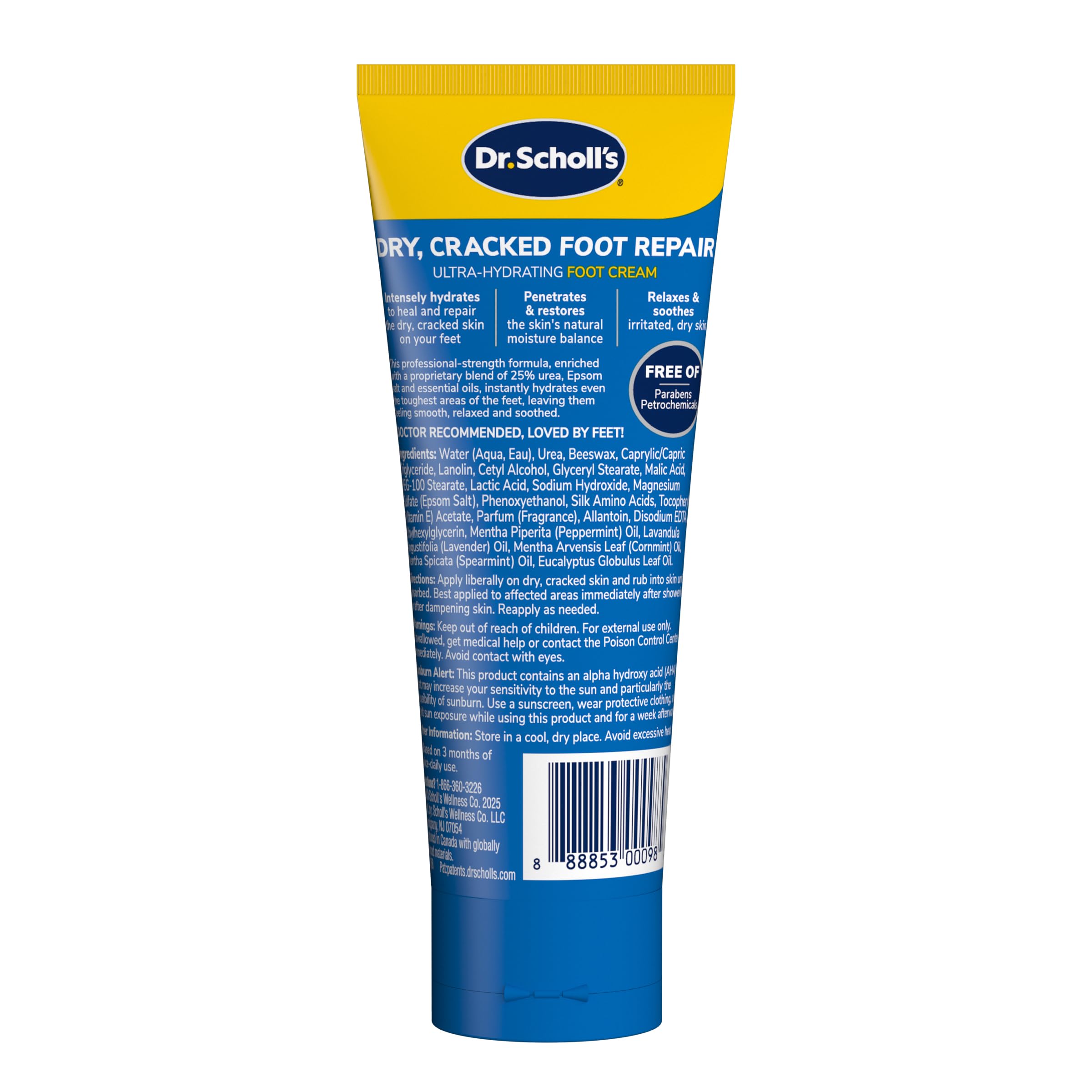 Dr. Scholl's twenty five percent urea foot lotion packaging showing ingredients list