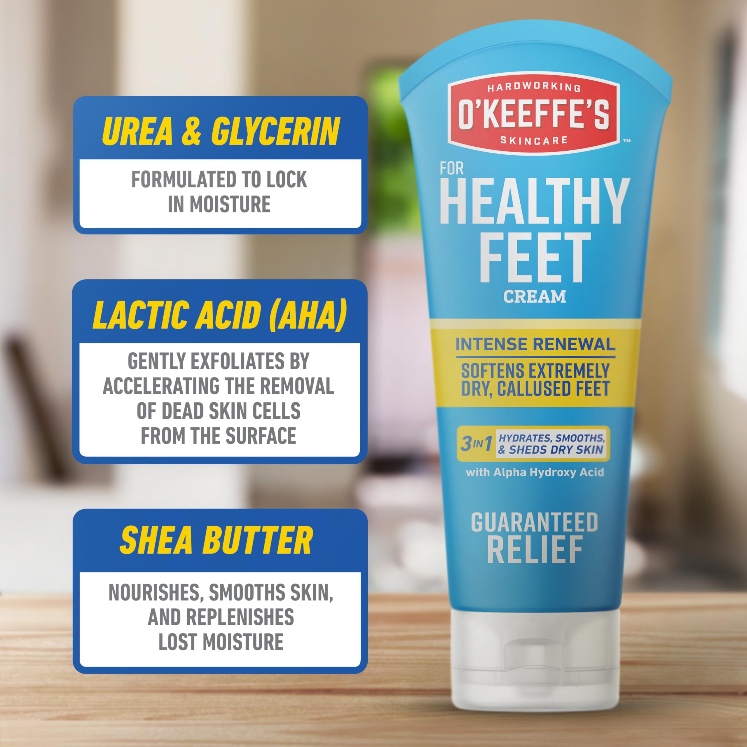 Back label of O'Keeffe's Healthy Feet Exfoliating Foot Cream displaying ingredients and usage directions