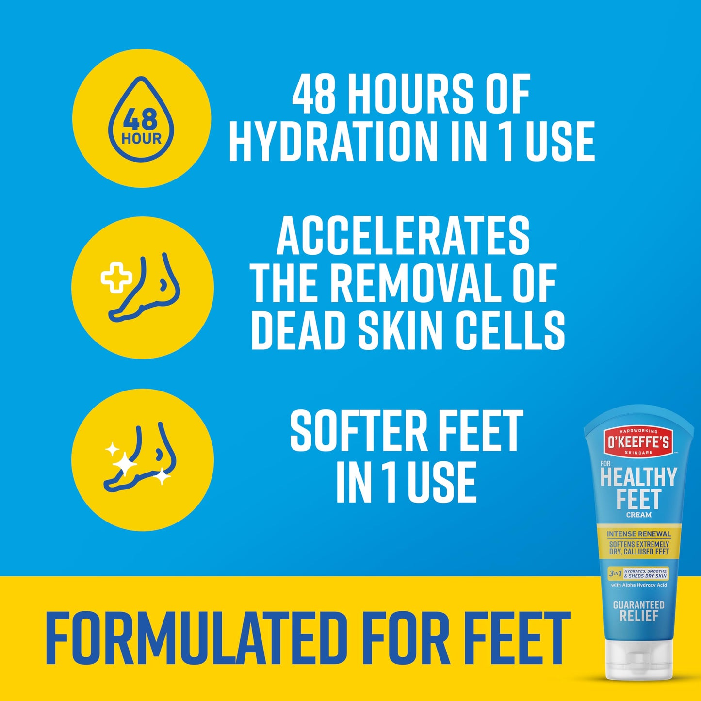 O'Keeffe's Healthy Feet urea and alpha hydroxy acid cream tube next to its retail packaging box