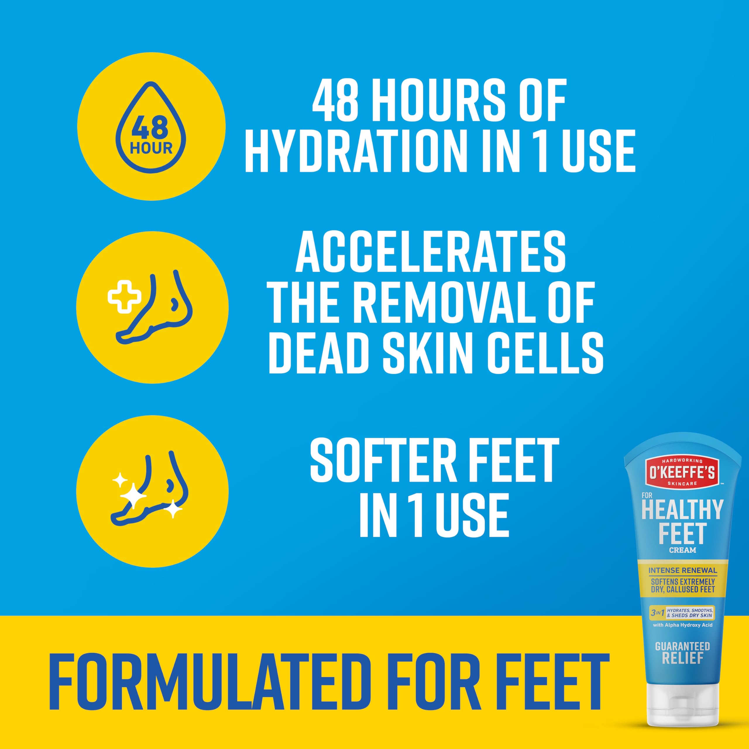 O'Keeffe's Healthy Feet urea and alpha hydroxy acid cream tube next to its retail packaging box