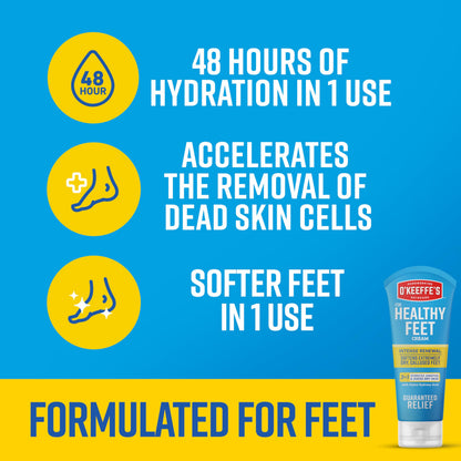 O'Keeffe's Healthy Feet urea and alpha hydroxy acid cream tube next to its retail packaging box