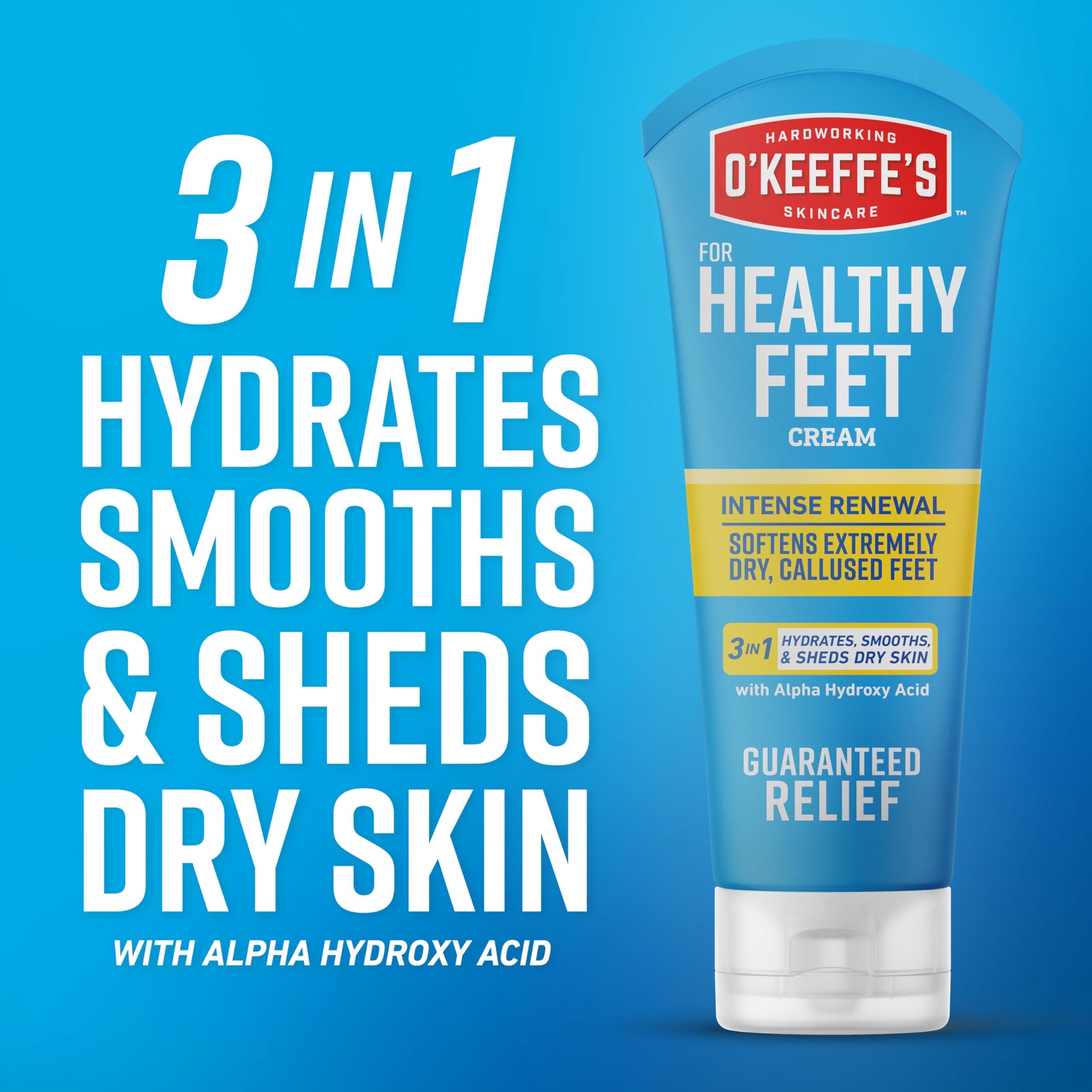 Close up of O'Keeffe's intense renewal foot treatment cream highlighting forty-eight hour hydration benefits