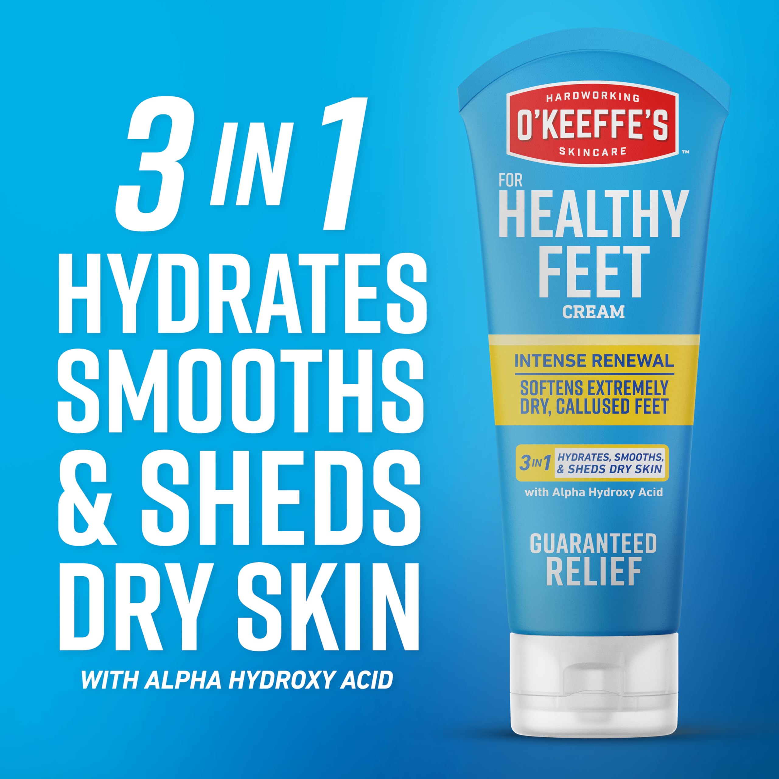 Close up of O'Keeffe's intense renewal foot treatment cream highlighting forty-eight hour hydration benefits