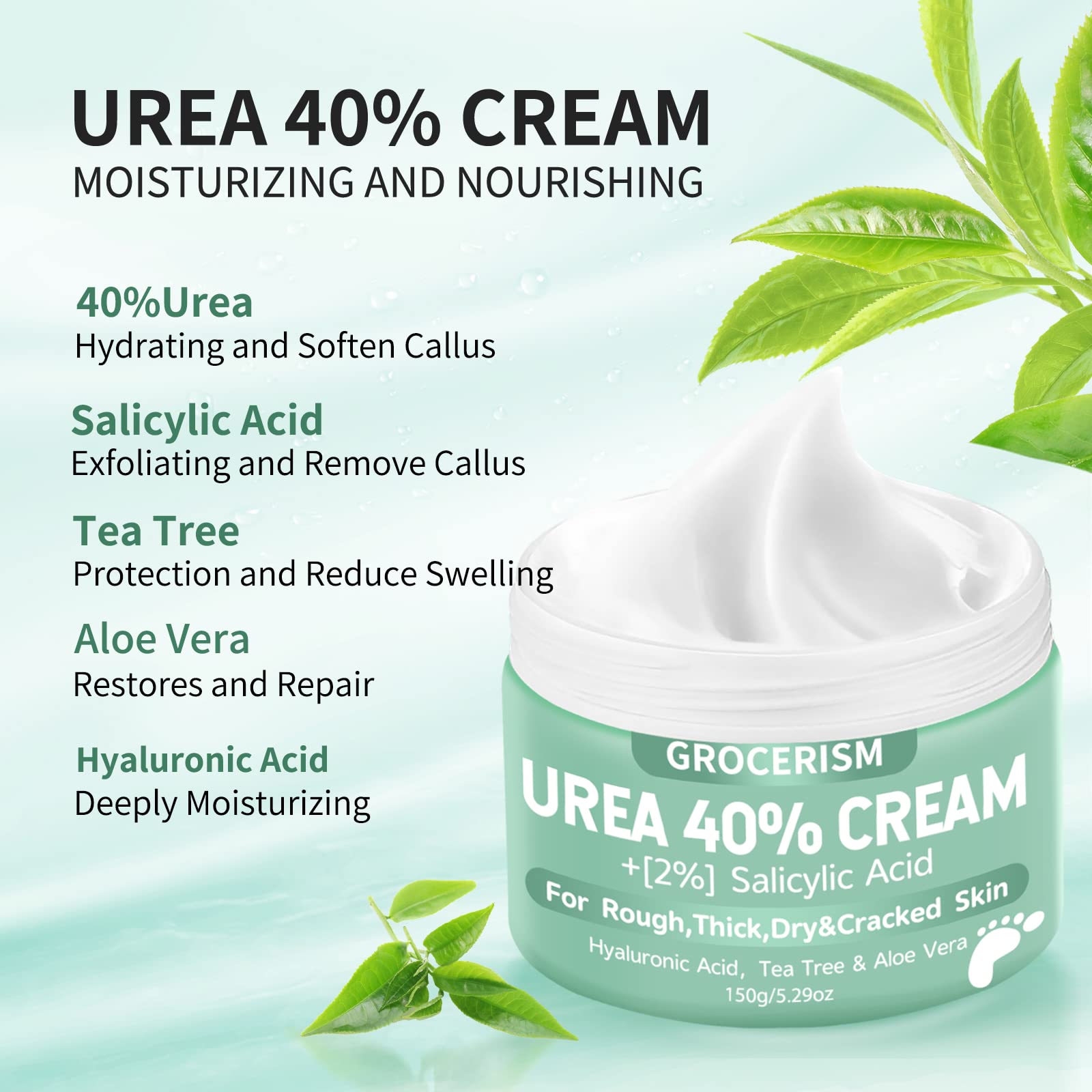 Side view of Grocerism foot cream packaging highlighting salicylic acid and hyaluronic acid components