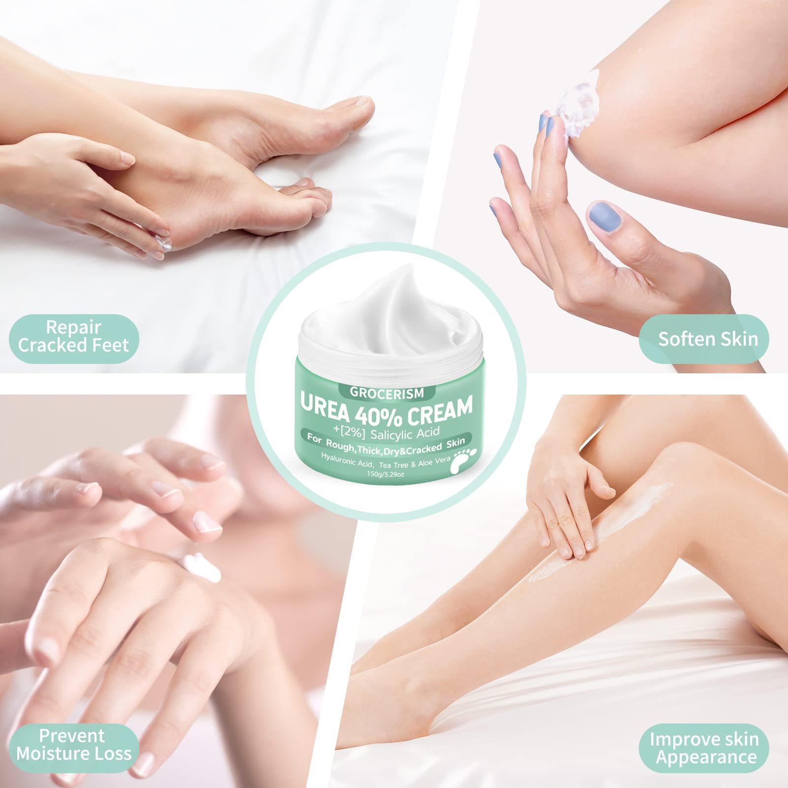 Close up of intensive hand and foot cream jar emphasizing tea tree and aloe vera soothing agents