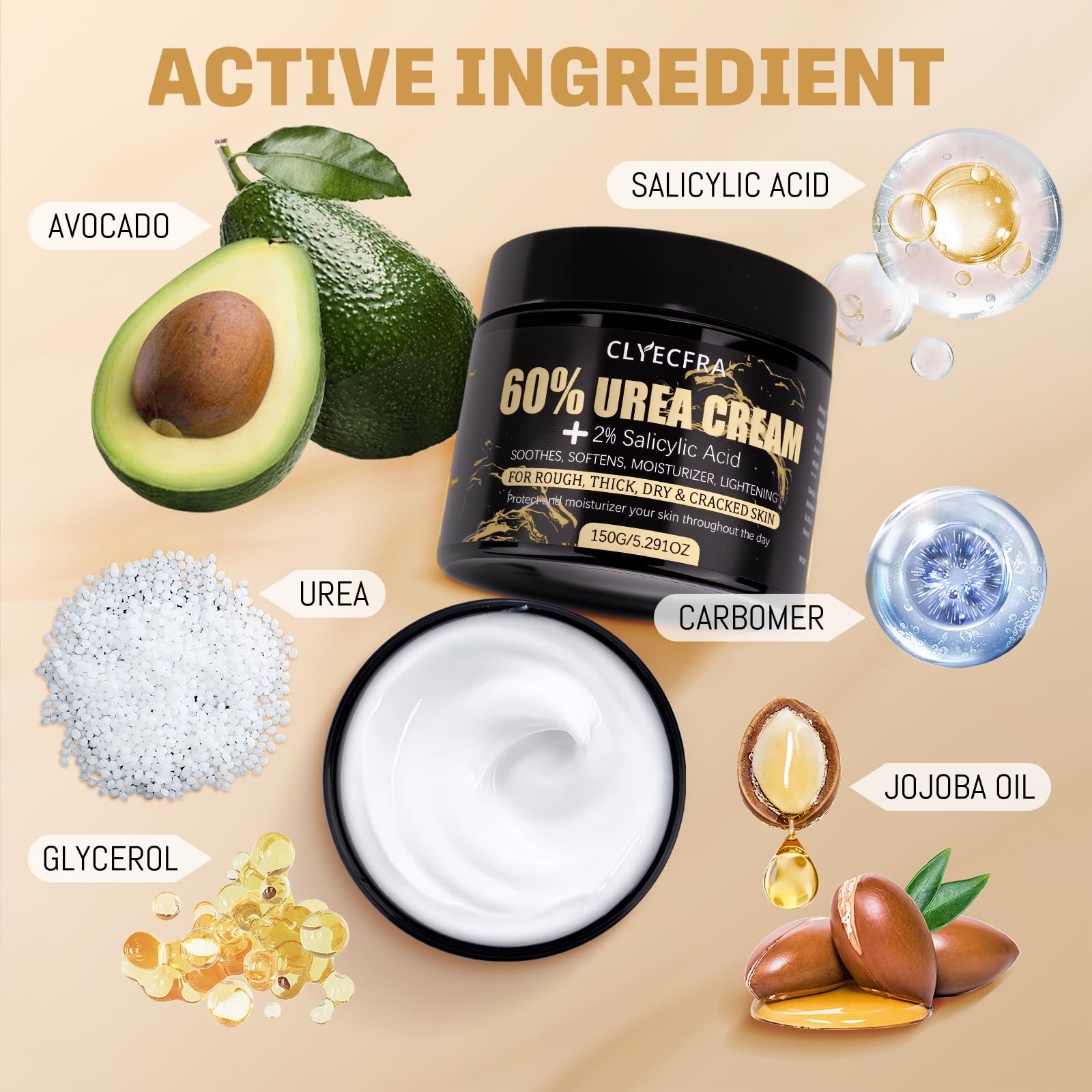 Clyecfra 60 percent urea cream jar displaying text for rough dry thick and cracked skin callus remover