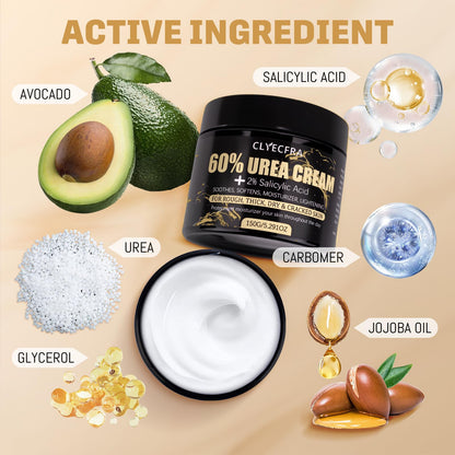 Clyecfra 60 percent urea cream jar displaying text for rough dry thick and cracked skin callus remover