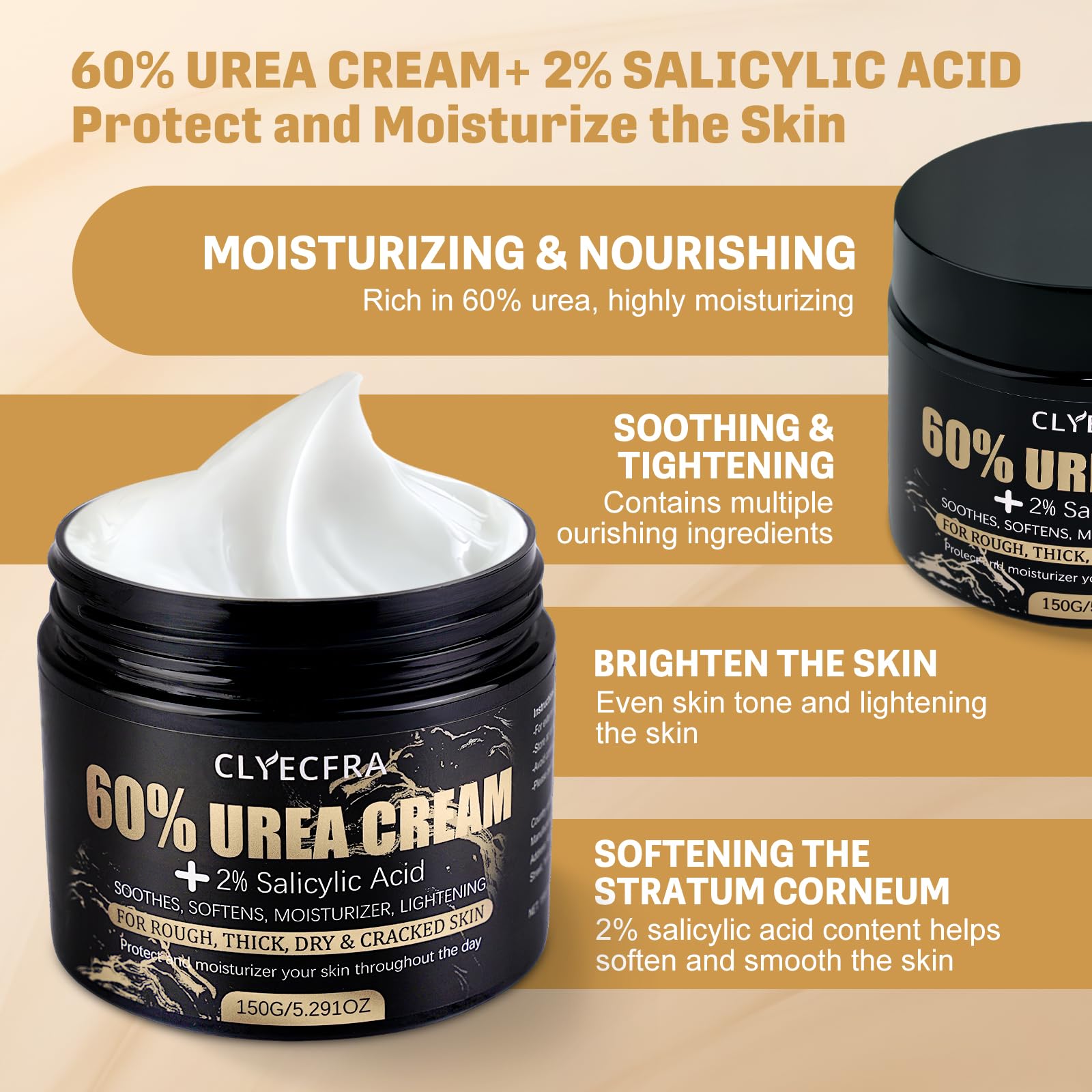 Clyecfra intensive foot cream showing the 60 percent urea and 2 percent salicylic acid concentration text close up