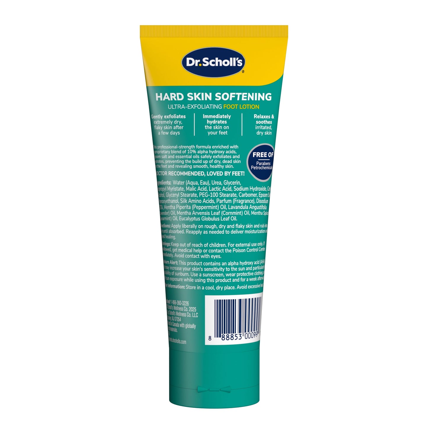 Dr. Scholl's ultra exfoliating foot cream tube displaying urea and alpha hydroxy acid percentages