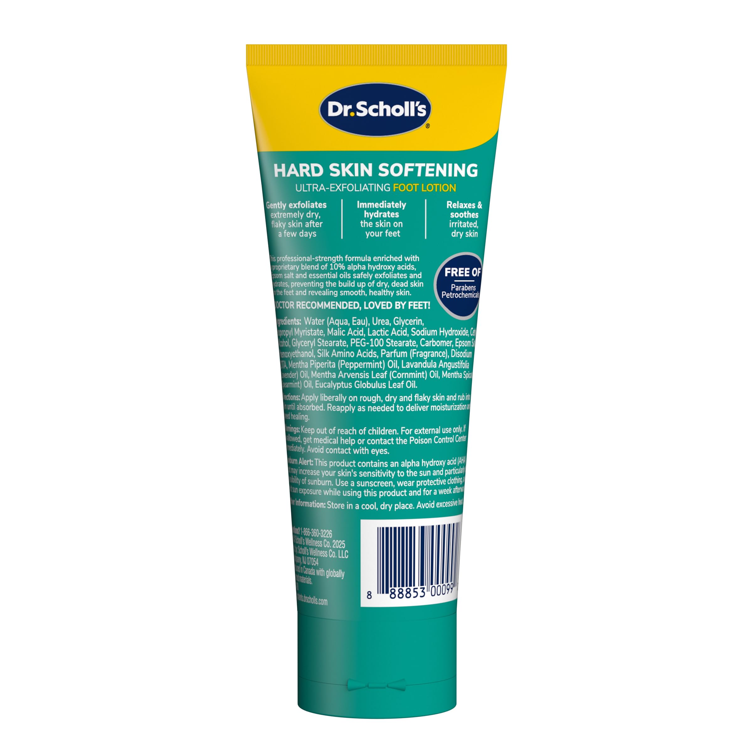 Dr. Scholl's ultra exfoliating foot cream tube displaying urea and alpha hydroxy acid percentages