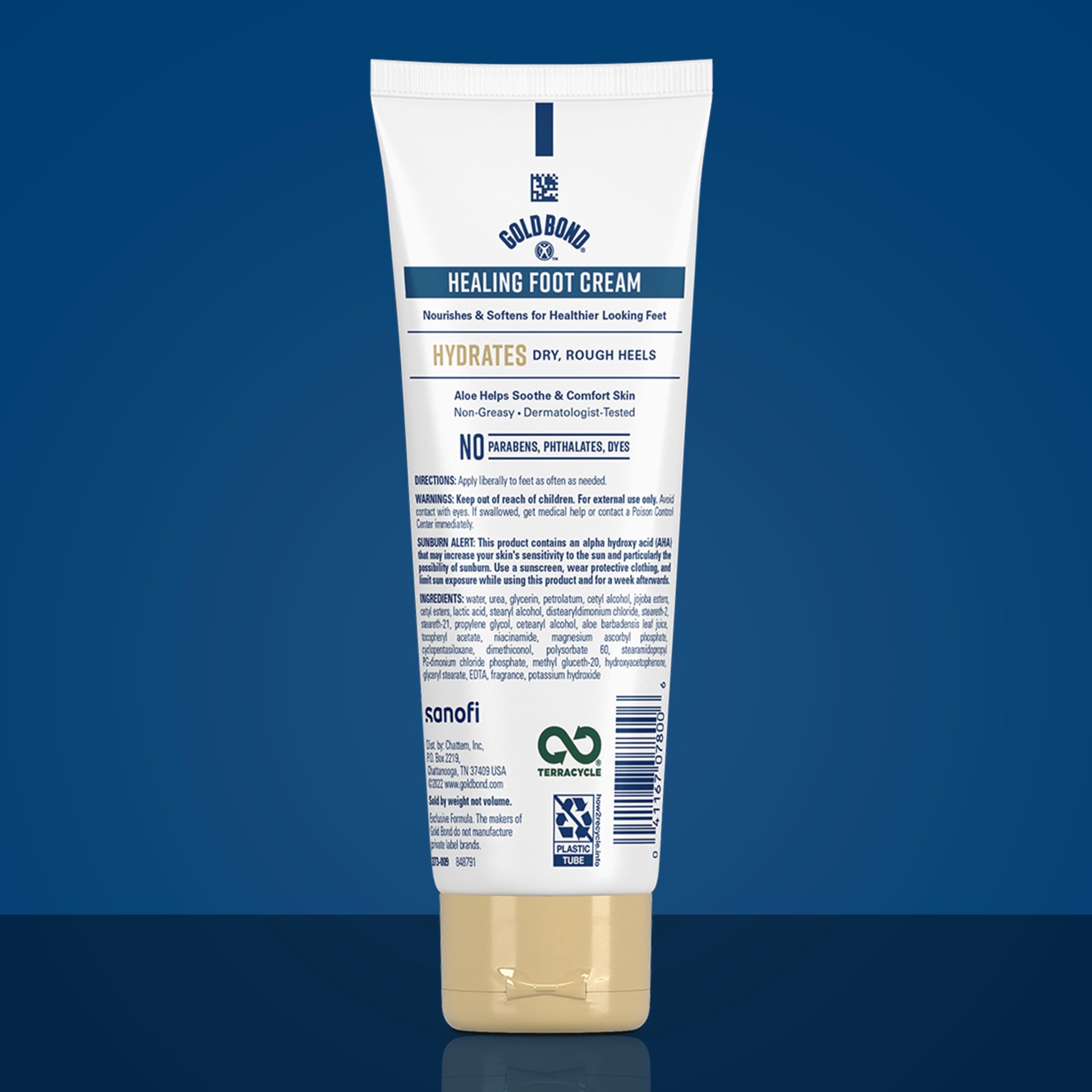 Gold Bond foot therapy cream with aloe and vitamins for cracked heel repair.
