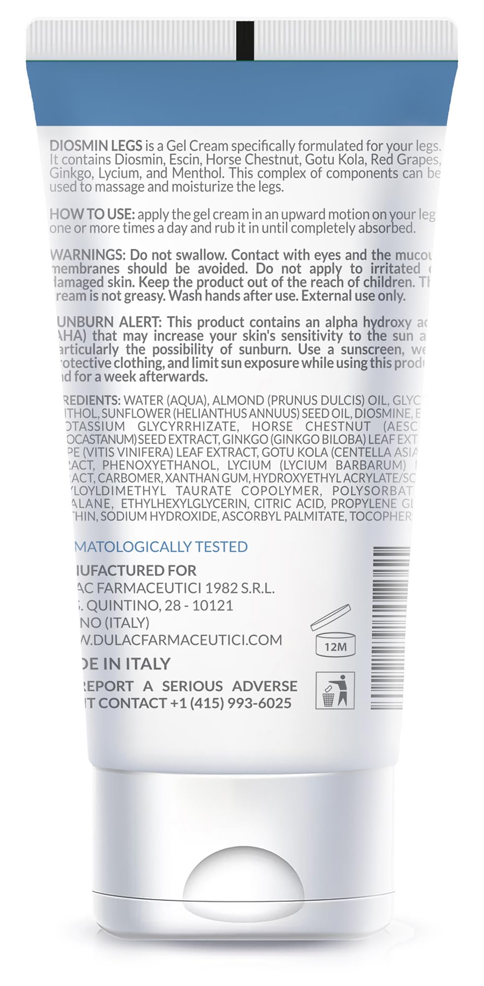 Side view of Dulàc Diosmin Legs Gel Cream showing the text detailing varicose veins and spider veins relief benefits.