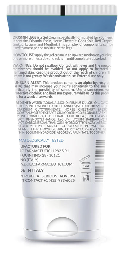 Side view of Dulàc Diosmin Legs Gel Cream showing the text detailing varicose veins and spider veins relief benefits.