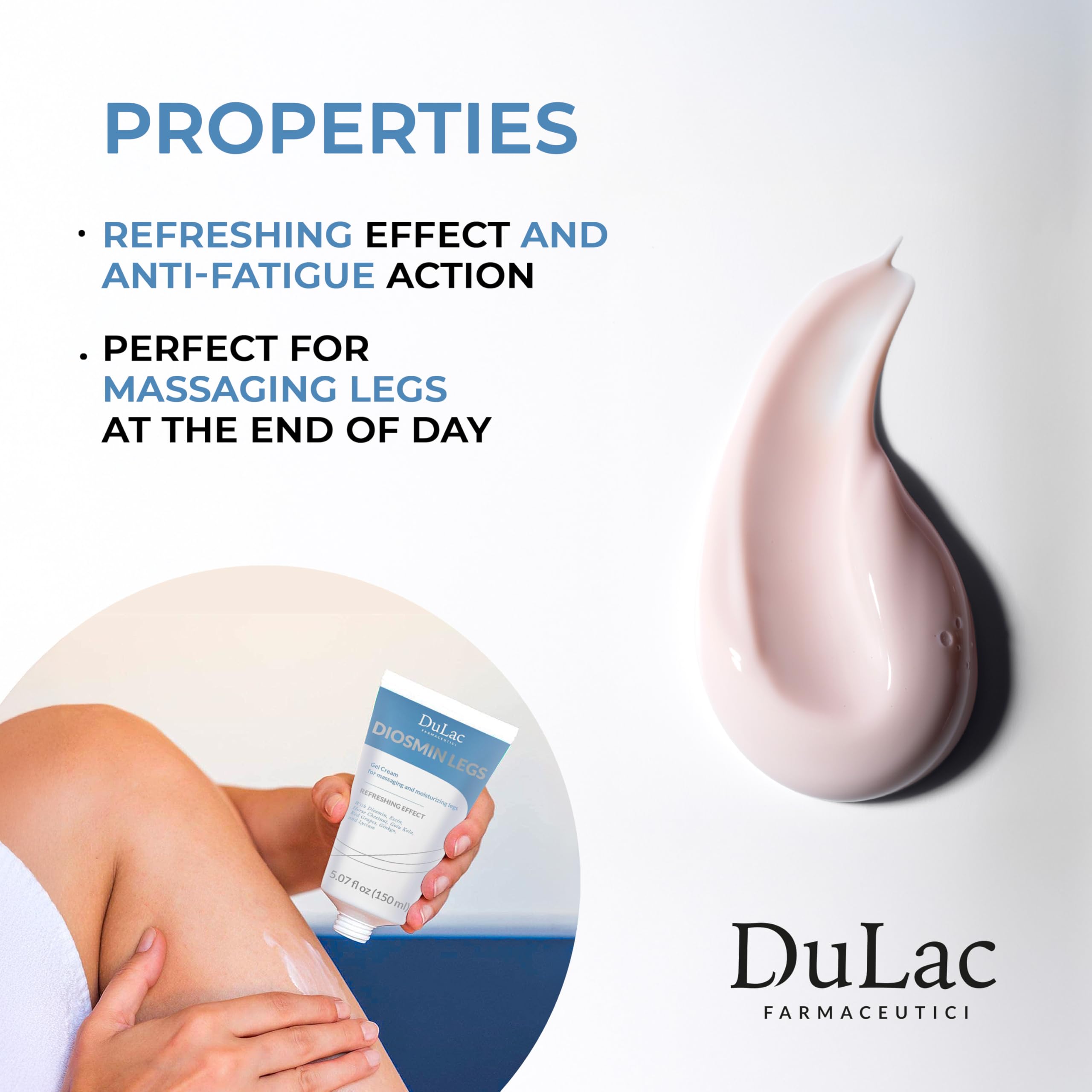 Back label of Dulàc Diosmin Legs Gel Cream displaying directions for use, ingredients, and the Made in Italy certification.
